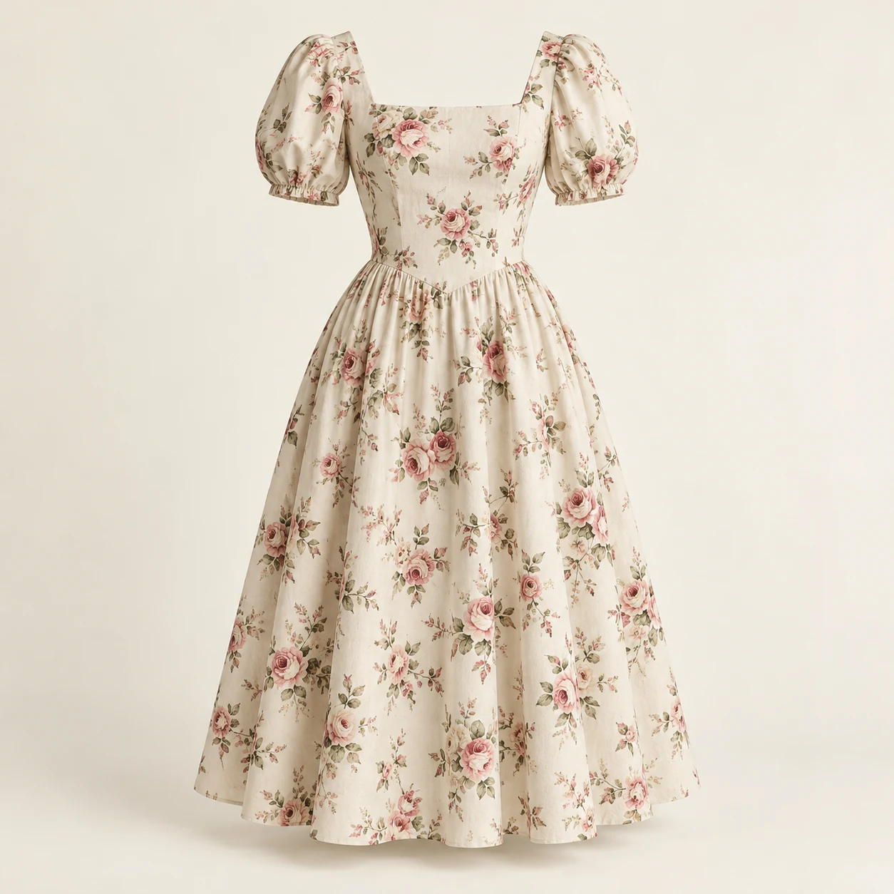 Camille Rose Midi Dress, cream floral print, front view
