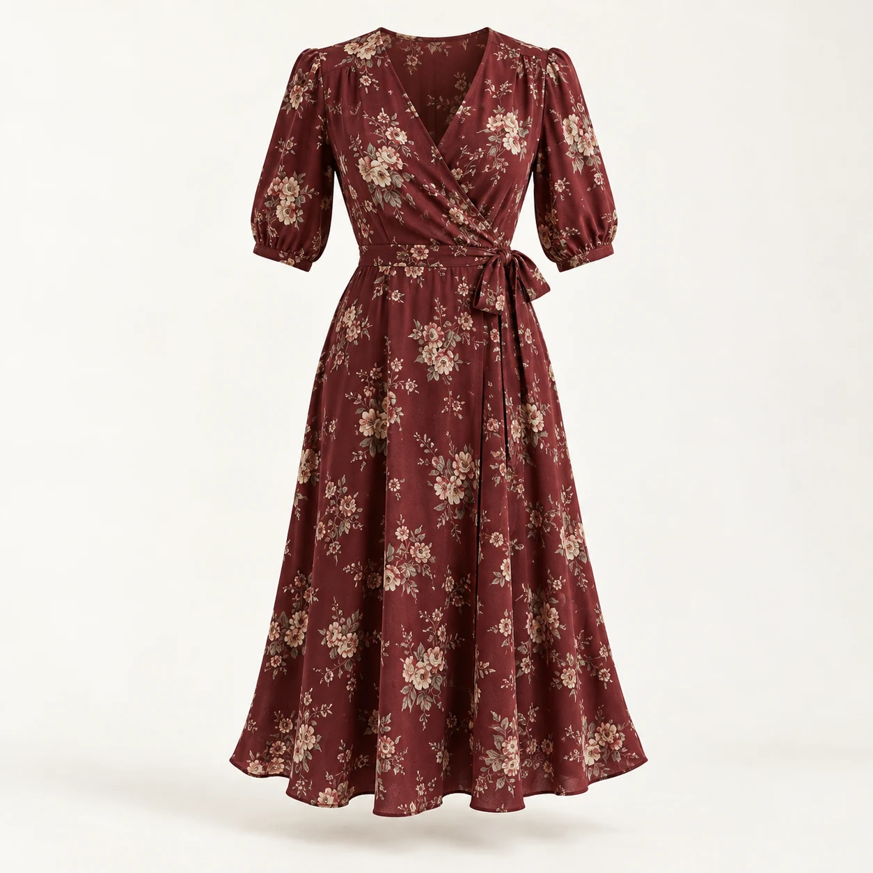 Margot Burgundy Midi Dress, burgundy floral print, front view