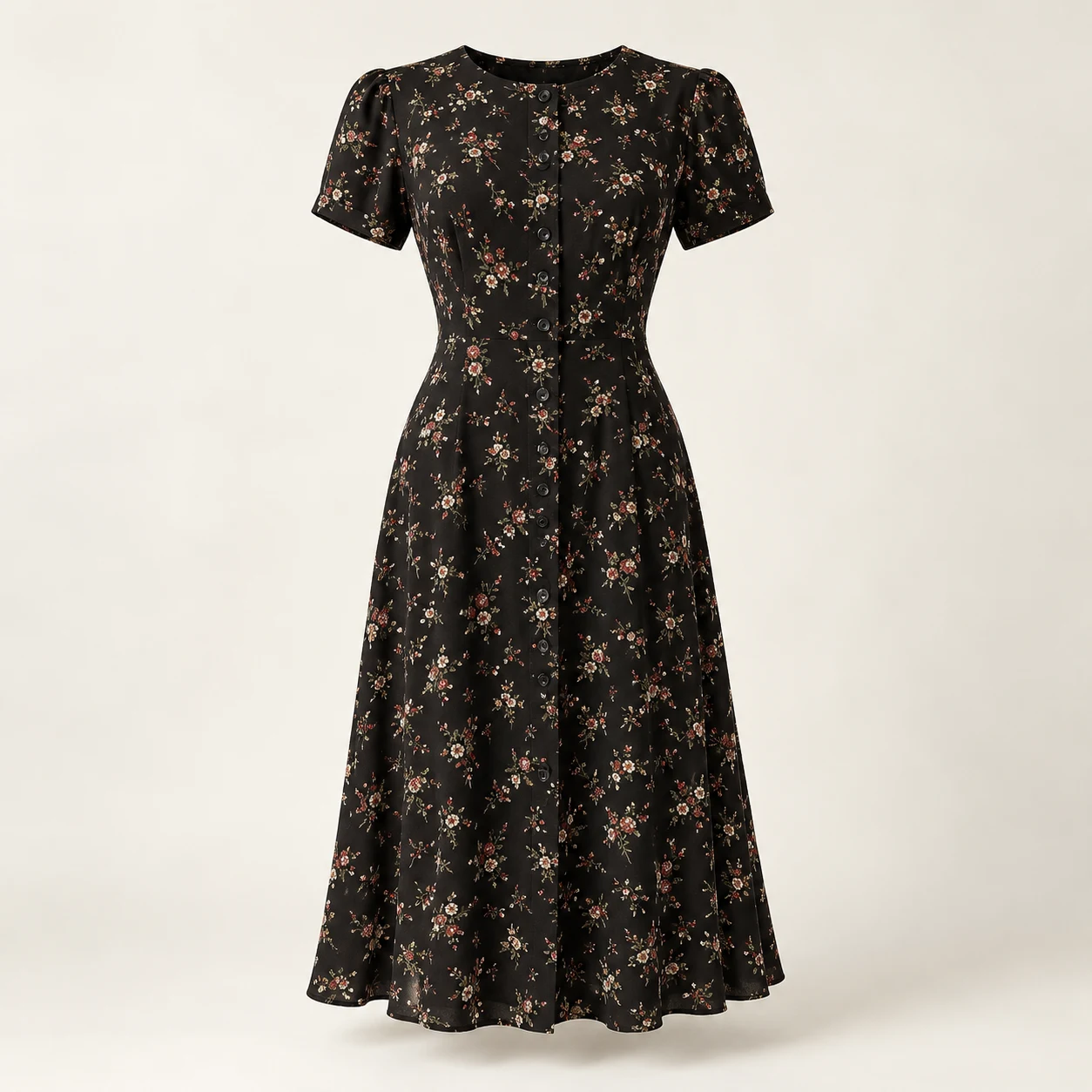 Colette Noir Midi Dress, black floral print, front view