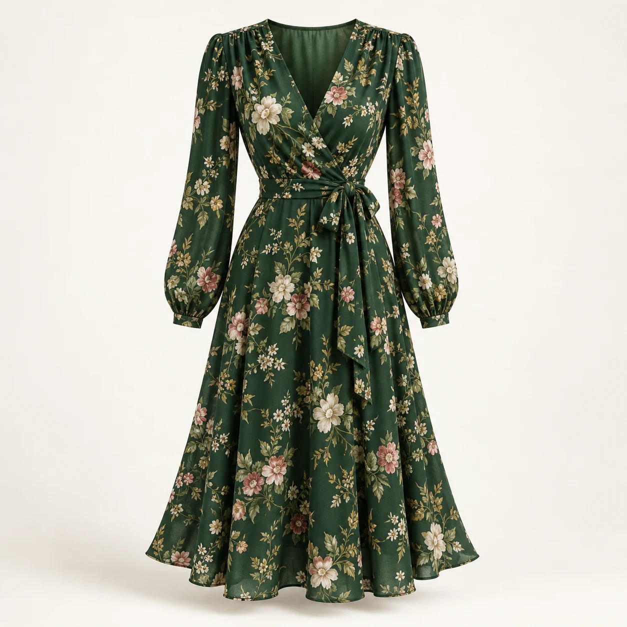 Odette Botanical Midi Dress, green floral print, front view